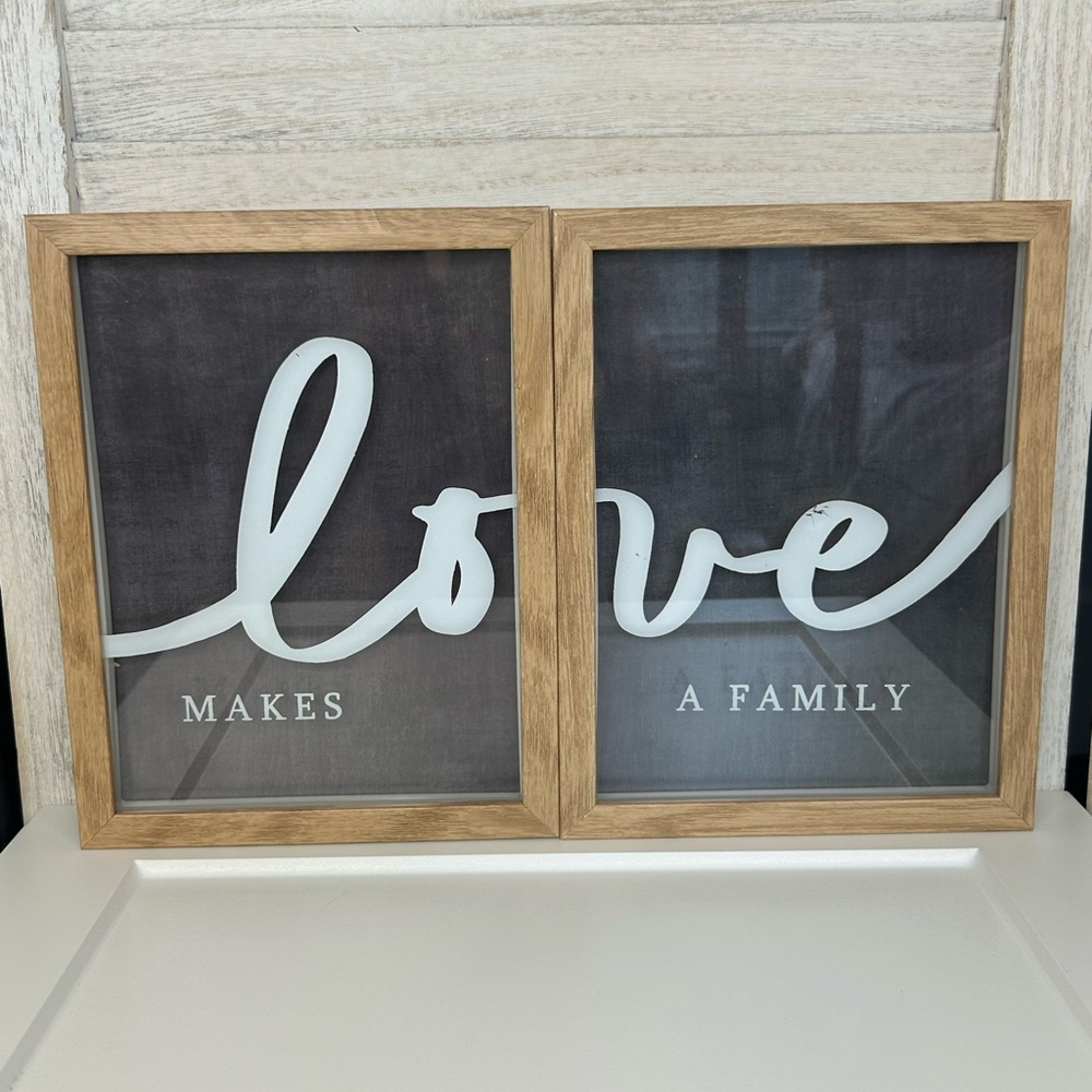 Love Makes a Family Painted Glass Shadowbox Wooden Wall Decor Set New